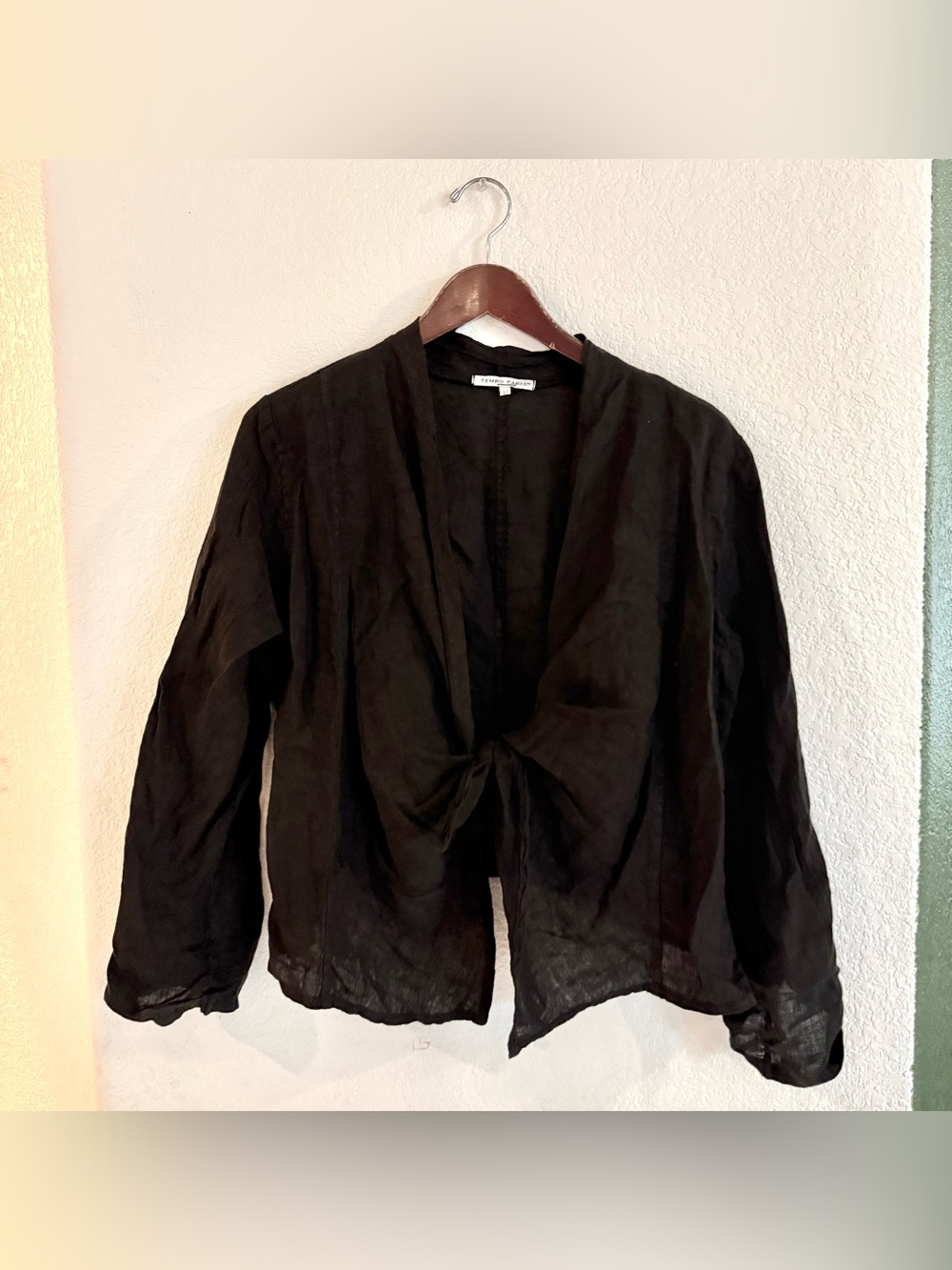 Tempo Paris Womens Top Cover Up Black 100% Linem Tie Front Size Large